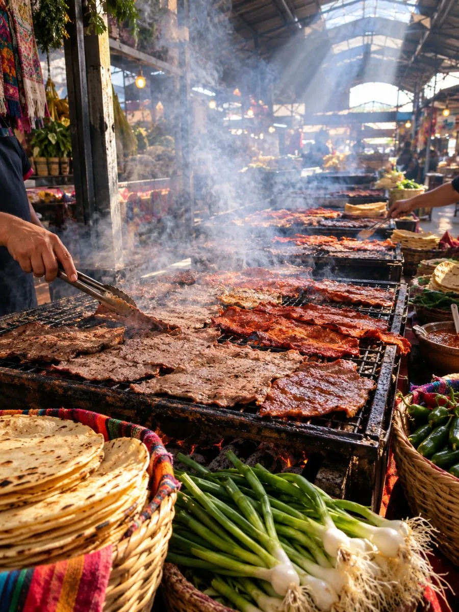 Der Grillfleisch-Gang eines Marktes in Oaxaca: Holzkohlegrills mit dünnem Rindfleisch und rotem Chile-Schweinefleisch, Rauch steigt durch das Licht von der Decke auf